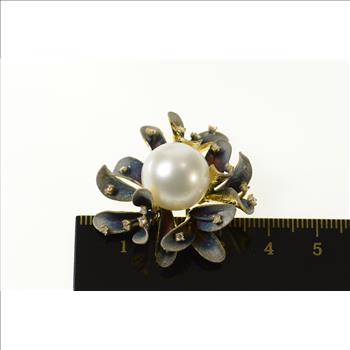 18K JY Designer Pearl Enamel Diamond Flower Yellow Gold Pendant