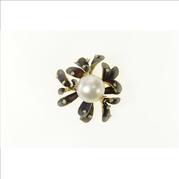 18K JY Designer Pearl Enamel Diamond Flower Yellow Gold Pendant
