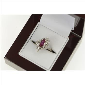 18K Marquise Ruby Diamond Halo Cluster Vintage White Gold Ring, Size 7