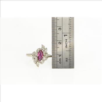18K Marquise Ruby Diamond Halo Cluster Vintage White Gold Ring, Size 7