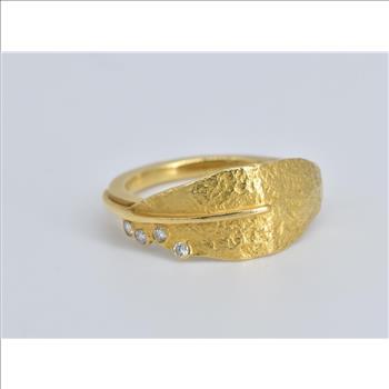 18K Natural Diamond Leaf Nature Motif Stacking Yellow Gold Ring, Size 7.25