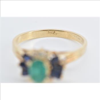 18K Natural Emerald Diamond Baguette Sapphire Yellow Gold Ring, Size 5