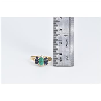 18K Natural Emerald Diamond Baguette Sapphire Yellow Gold Ring, Size 5
