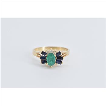 18K Natural Emerald Diamond Baguette Sapphire Yellow Gold Ring, Size 5