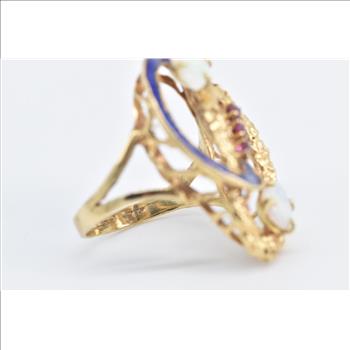 18K Natural Opal Ruby Blue Enamel Nugget Ovals Yellow Gold Ring, Size 7.5