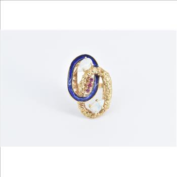 18K Natural Opal Ruby Blue Enamel Nugget Ovals Yellow Gold Ring, Size 7.5