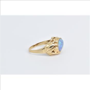 18K Natural Opal Vintage Leaf Palm Design Yellow Gold Ring, Size 8
