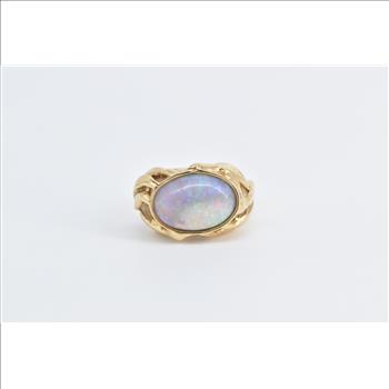18K Natural Opal Vintage Leaf Palm Design Yellow Gold Ring, Size 8