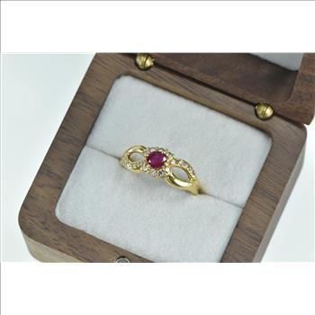 18K Natural Ruby Diamond Halo Engagement Yellow Gold Ring, Size 6.75