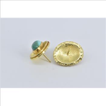 18K Natural Turquoise Ornate Bezel Statement Stud Yellow Gold Earrings