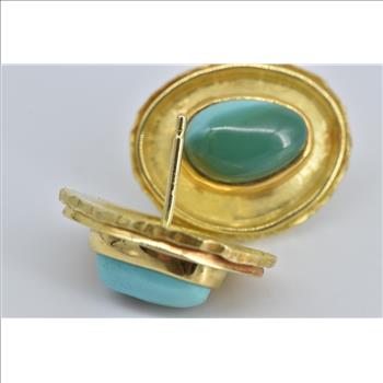 18K Natural Turquoise Ornate Bezel Statement Stud Yellow Gold Earrings