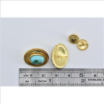 18K Natural Turquoise Ornate Bezel Statement Stud Yellow Gold Earrings
