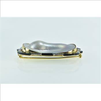 18K Ornate Pear Pearl Black Onyx Diamond Accented Yellow Gold Pin/Brooch