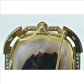 18K Ornate Pear Pearl Black Onyx Diamond Accented Yellow Gold Pin/Brooch