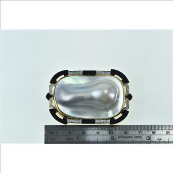 18K Ornate Pear Pearl Black Onyx Diamond Accented Yellow Gold Pin/Brooch