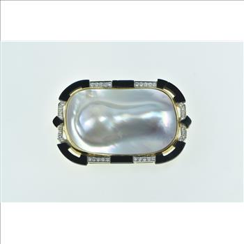 18K Ornate Pear Pearl Black Onyx Diamond Accented Yellow Gold Pin/Brooch