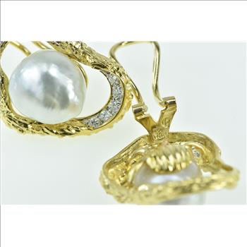 18K Ornate Pearl Diamond Loop French Chip White Gold Earrings