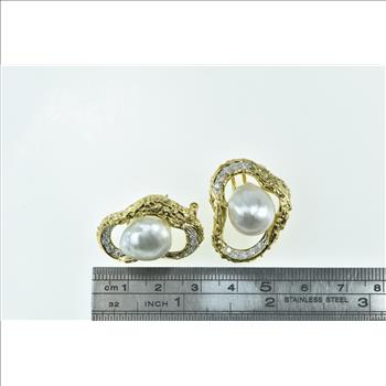 18K Ornate Pearl Diamond Loop French Chip White Gold Earrings