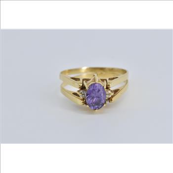18K Oval Amethyst CZ Reversible Emerald Yellow Gold Ring, Size 6.75