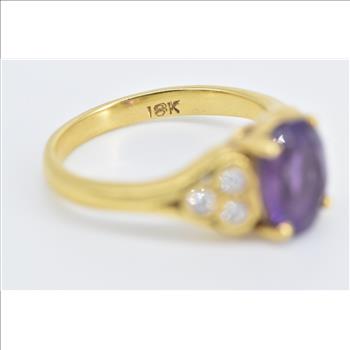 18K Oval Amethyst Diamond Cluster Engagement Yellow Gold Ring, Size 6