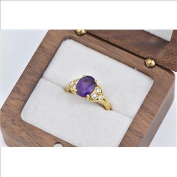 18K Oval Amethyst Diamond Cluster Engagement Yellow Gold Ring, Size 6