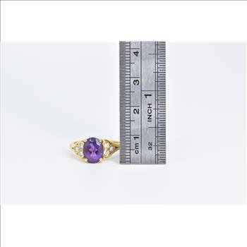 18K Oval Amethyst Diamond Cluster Engagement Yellow Gold Ring, Size 6
