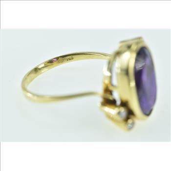 18K Oval Amethyst Diamond Freeform Statement Yellow Gold Ring, Size 8.5