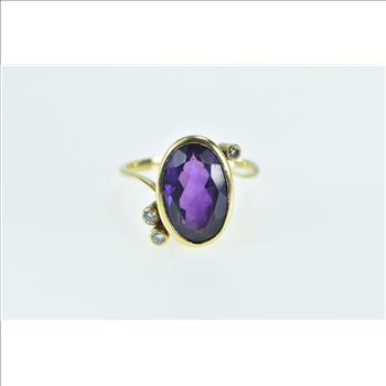18K Oval Amethyst Diamond Freeform Statement Yellow Gold Ring, Size 8.5