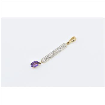 18K Oval Amethyst Ornate Art Deco Filigree Drop Yellow Gold Pendant