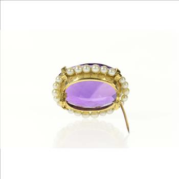 18K Oval Amethyst Pearl Halo Victorian Statement Yellow Gold Pin/Brooch
