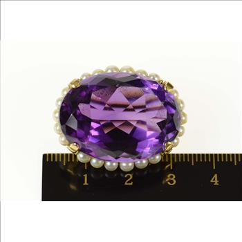 18K Oval Amethyst Pearl Halo Victorian Statement Yellow Gold Pin/Brooch