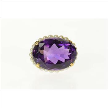 18K Oval Amethyst Pearl Halo Victorian Statement Yellow Gold Pin/Brooch