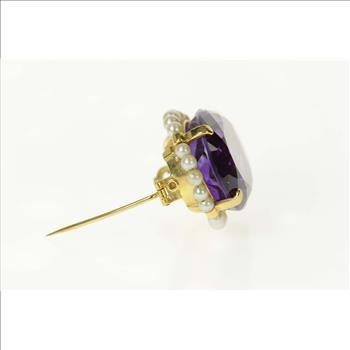 18K Oval Amethyst Pearl Halo Victorian Statement Yellow Gold Pin/Brooch