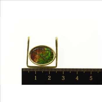 18K Oval Ammolite Squared Artisanal Handmade Yellow Gold Pendant