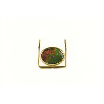 18K Oval Ammolite Squared Artisanal Handmade Yellow Gold Pendant