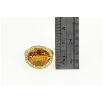 18K Oval Citrine Diamond Halo Elaborate Textured Yellow Gold Ring, Size 5.75