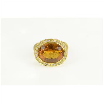 18K Oval Citrine Diamond Halo Elaborate Textured Yellow Gold Ring, Size 5.75