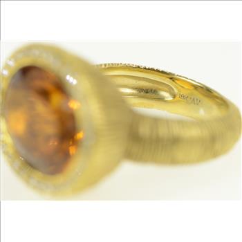 18K Oval Citrine Diamond Halo Elaborate Textured Yellow Gold Ring, Size 5.75