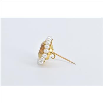 18K Oval Citrine Pearl Halo Vintage Statement Yellow Gold Pin/Brooch