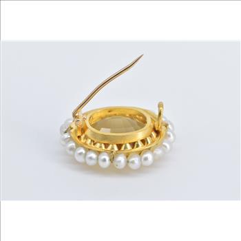 18K Oval Citrine Pearl Halo Vintage Statement Yellow Gold Pin/Brooch