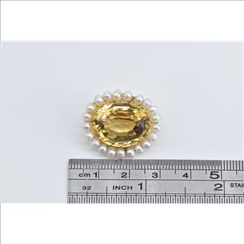 18K Oval Citrine Pearl Halo Vintage Statement Yellow Gold Pin/Brooch