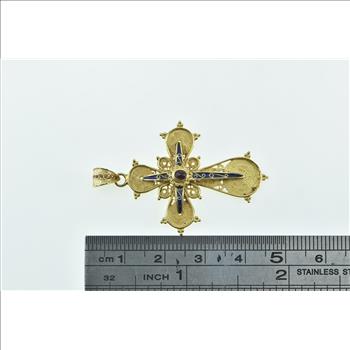 18K Oval Garnet Enamel Filigree Cross Christian Yellow Gold Pendant