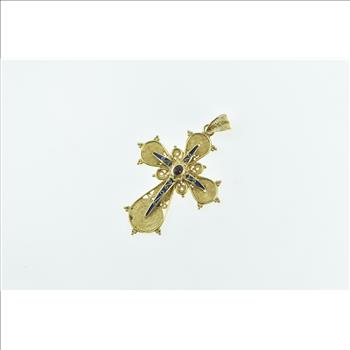 18K Oval Garnet Enamel Filigree Cross Christian Yellow Gold Pendant