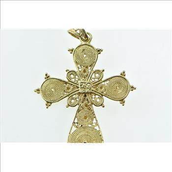 18K Oval Garnet Enamel Filigree Cross Christian Yellow Gold Pendant