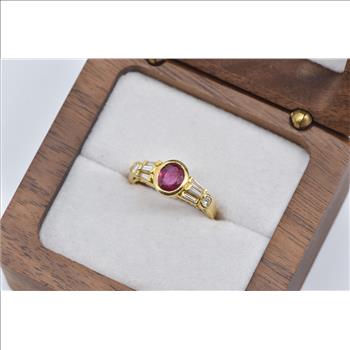 18K Oval Natural Ruby Diamond Engagement Yellow Gold Ring, Size 4.5
