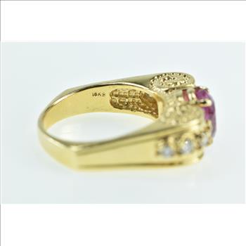 18K Oval Pink Sapphire Diamond Swirl Statement Yellow Gold Ring, Size 7.75