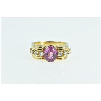 18K Oval Pink Sapphire Diamond Swirl Statement Yellow Gold Ring, Size 7.75