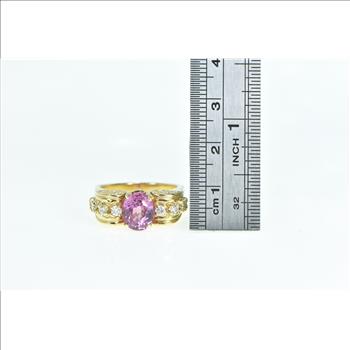 18K Oval Pink Sapphire Diamond Swirl Statement Yellow Gold Ring, Size 7.75