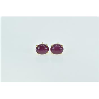 18K Oval Ruby Cabochon Vintage Stud Yellow Gold Earrings