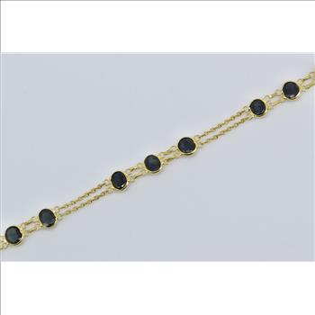 18K Oval Sapphire Vintage Layered Chain Statement Yellow Gold Bracelet 7